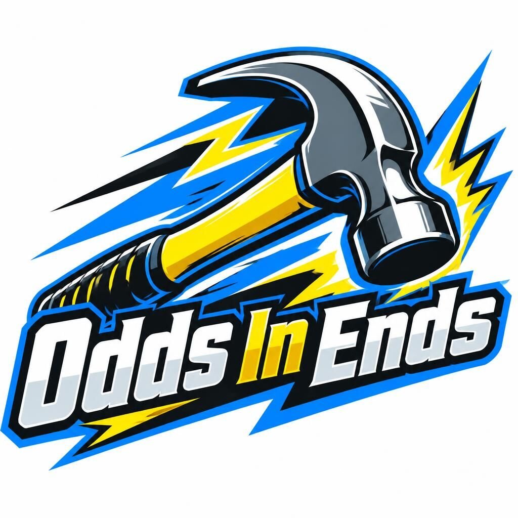 Odds In Ends Hammer & Lightning logo with a large hammer, electric blue and yellow lightning bolts, and bold lettering.