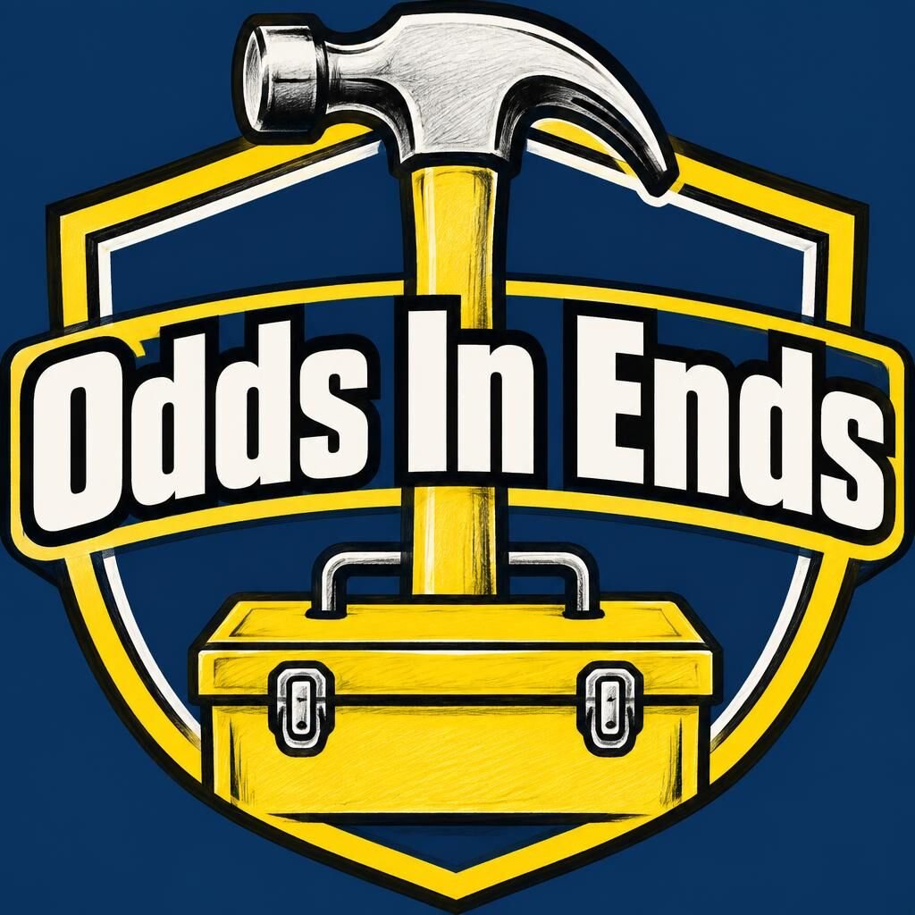 Odds In Ends Concept 8 navy-and-yellow shield crest featuring a prominent hammer.