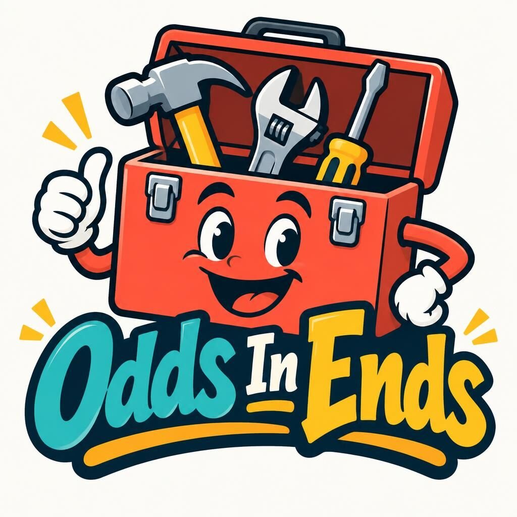 Odds In Ends playful toolbox logo with expressive lettering and an illustrated toolbox containing handyman tools and a hammer.