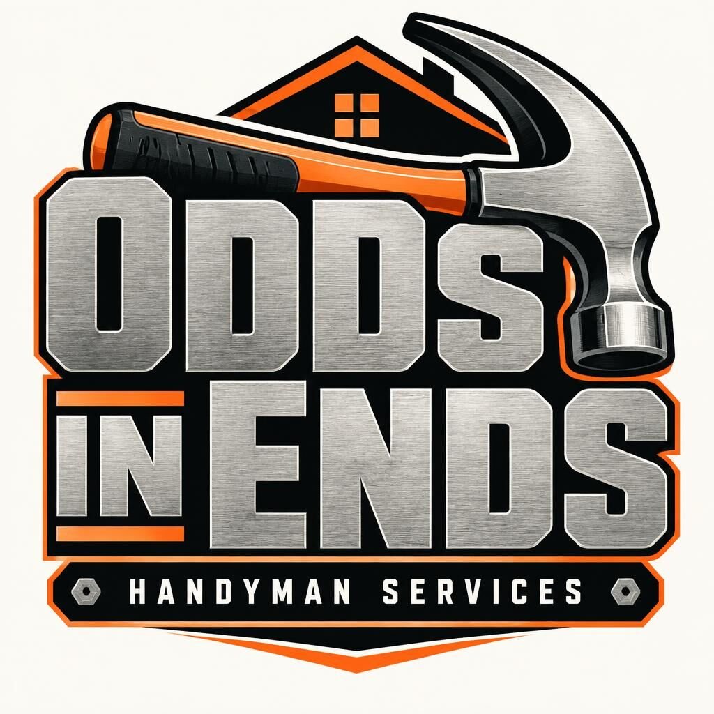 Odds In Ends industrial impact logo with oversized metallic block lettering, orange-and-black detailing, and a prominent hammer.