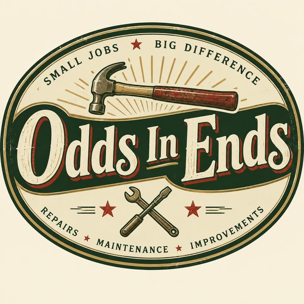 Odds In Ends vintage service insignia logo in a cream and deep-green oval badge with a horizontal hammer and crossed tools.
