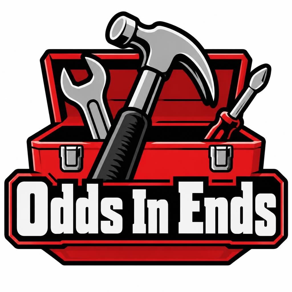 Odds In Ends Concept 5 compact cream badge with safety-red accents and a prominent hammer.